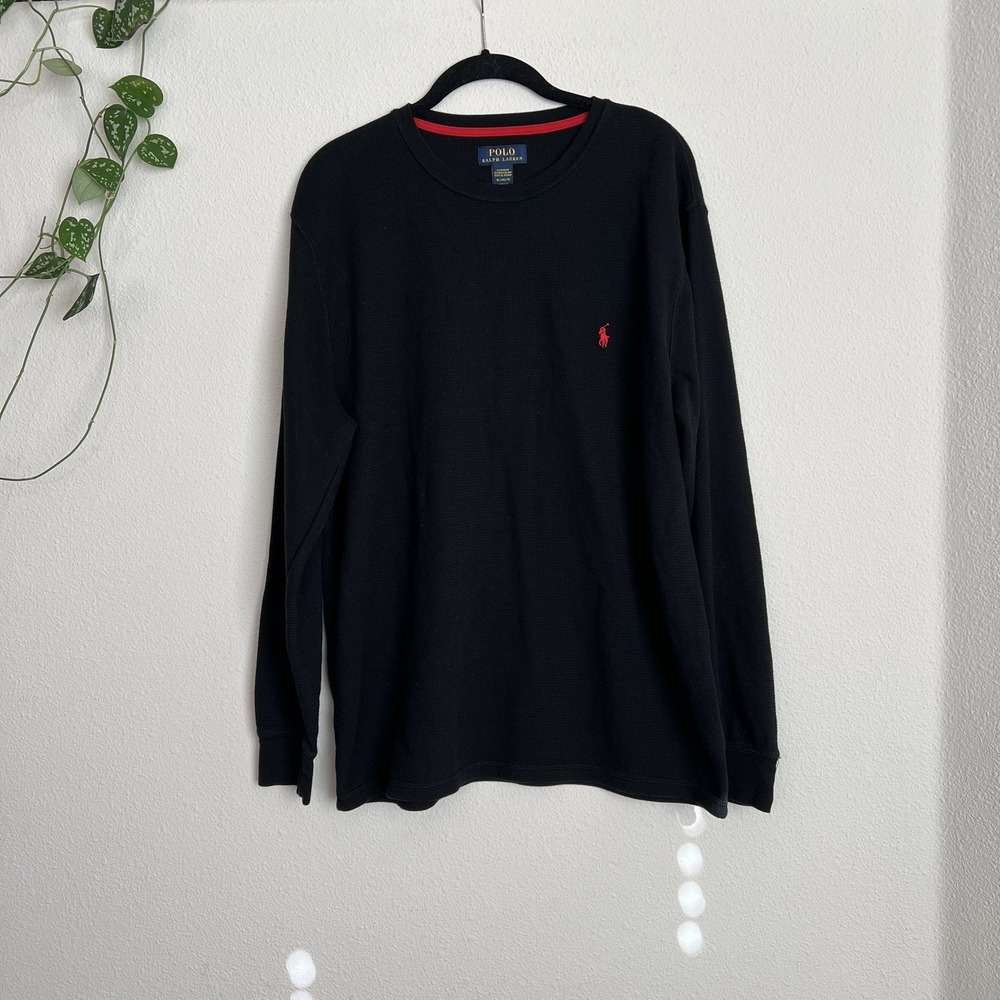 Polo Ralph Lauren Shirt Mens Large Black Red Pony Sleepwear Thermal Waffle Knit
